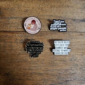 Set of 4 Humorous Enamel Pins - Pink, Black, White, Gold Accents